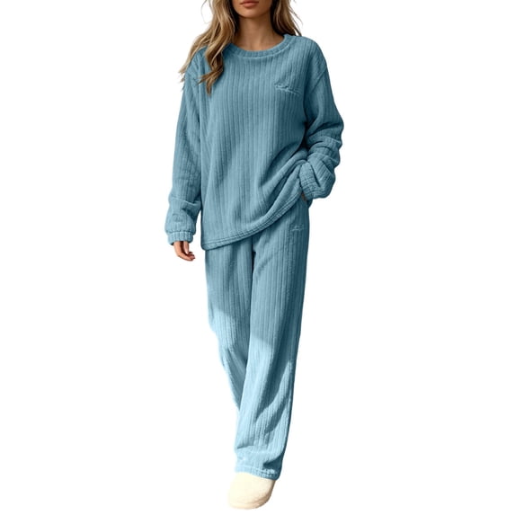 Women 2 Piece Solid Warm Loungewear Pajama Set, Contrast Trim Crew Neck Long Sleeve Loose Top Elastic High Waist Straight Leg Pants Cozy Daily Sleepwear Tracksuit Blue Free Size(Free Size)