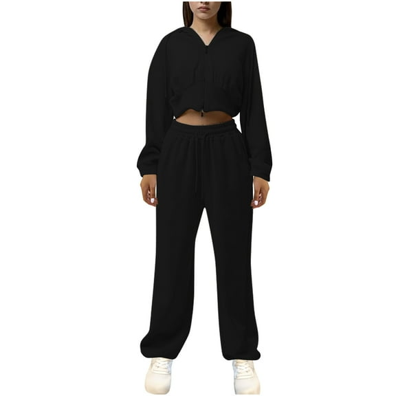 Women 2 Piece Sports Set Hooded Drawstring Full Zip Cropped Jackets Elastic Waist Sweatpant Casual Loose Outfits (M, Black)
