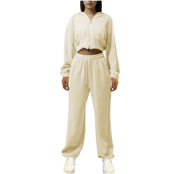 Women 2 Piece Sports Set Hooded Drawstring Full Zip Cropped Jackets Elastic Waist Sweatpant Casual Loose Outfits (S, Beige)
