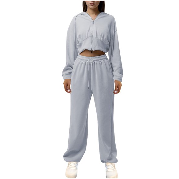 Women 2 Piece Sports Set Hooded Drawstring Full Zip Cropped Jackets Elastic Waist Sweatpant Casual Loose Outfits (S, Silver)