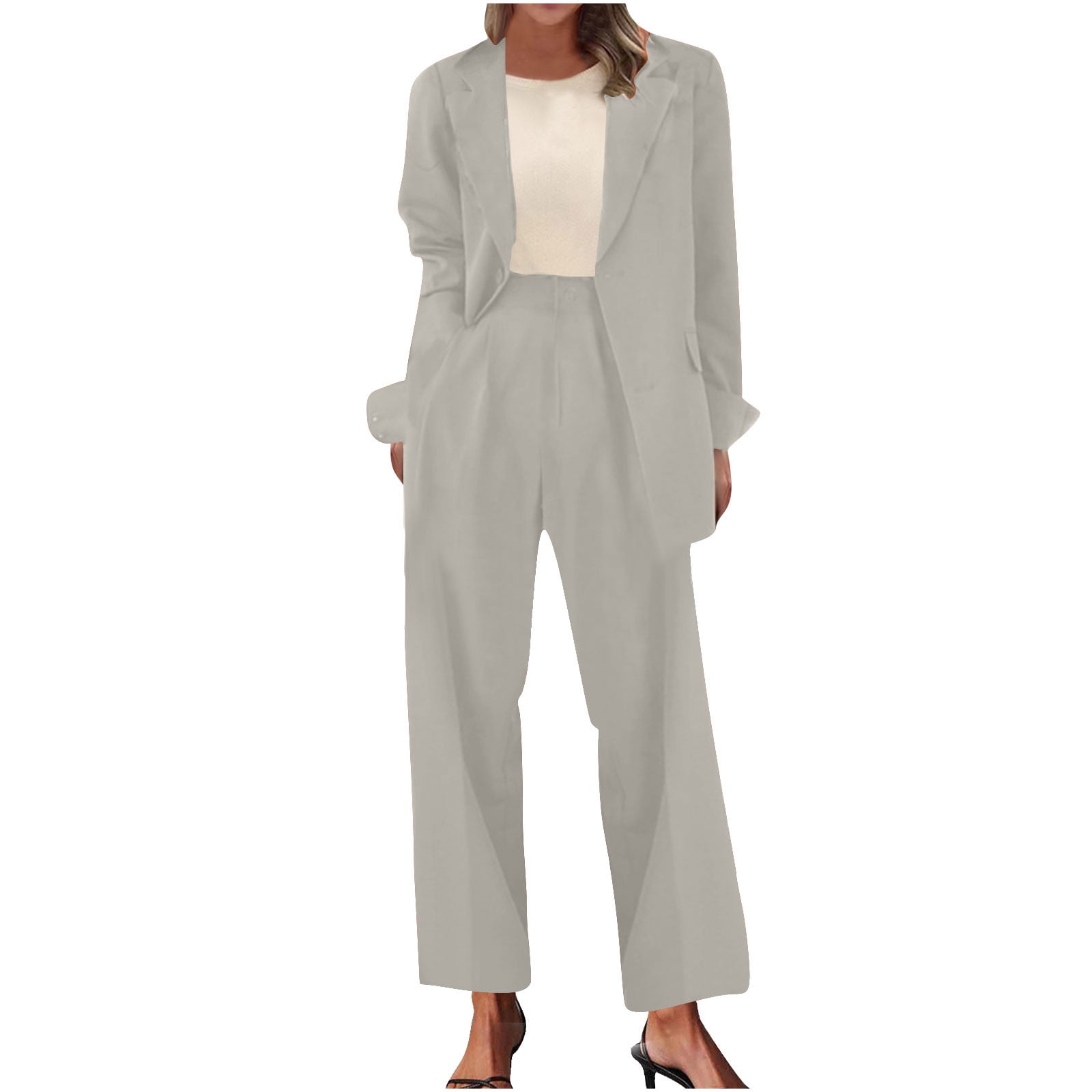 White Pants Light Grey Blazer Outfit Womens Women Piece Suit Set - Main Image