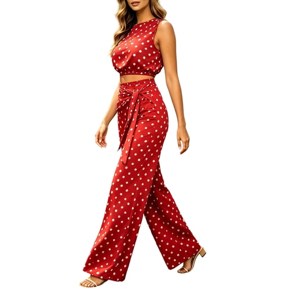 Women 2 Piece Summer Polka Dot Matching Outfit Set, Sleeveless Crop Top Tie Waist High Rise Wide Leg Pants Slim Fit Casual Vacation Tracksuit Red M(M)