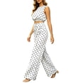 thumbnail image 1 of Women 2 Piece Summer Polka Dot Matching Outfit Set, Sleeveless Crop Top Tie Waist High Rise Wide Leg Pants Slim Fit Casual Vacation Tracksuit White S(S), 1 of 6
