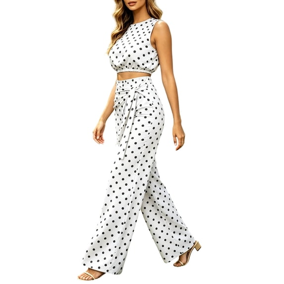 Women 2 Piece Summer Polka Dot Matching Outfit Set, Sleeveless Crop Top Tie Waist High Rise Wide Leg Pants Slim Fit Casual Vacation Tracksuit White S(S)