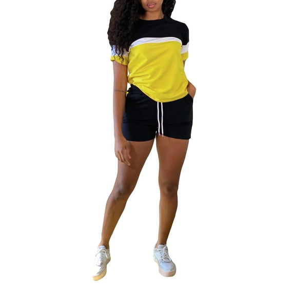 Women 2 Piece Summer Short Sets Contrast Color Short Sleeve Tops and Shorts Workout Outfits Sets Tracksuits