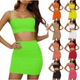 thumbnail image 1 of Women 2 Piece Summer Solid Matching Skirt Set, Spaghetti Strap Ruched Crop Cami Top High Waist Bodycon Mini Skirt Casual Tracksuit Green XL(XL), 1 of 9