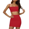 thumbnail image 1 of Women 2 Piece Summer Solid Matching Skirt Set, Spaghetti Strap Ruched Crop Cami Top High Waist Bodycon Mini Skirt Casual Tracksuit Red XL(XL), 1 of 9