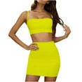 thumbnail image 1 of Women 2 Piece Summer Solid Matching Skirt Set, Spaghetti Strap Ruched Crop Cami Top High Waist Bodycon Mini Skirt Casual Tracksuit Yellow M(M), 1 of 9
