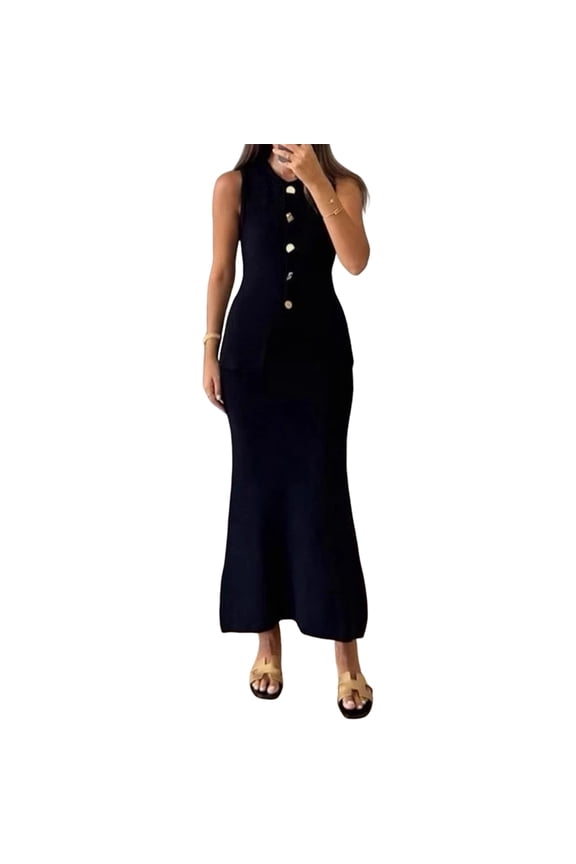 Women 2 Piece Sweater Skirt Set Elegant Button Down Cardigan Sweater Fishtail Maxi Skirt Knit Dress Black One size