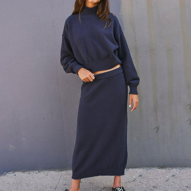 Women 2 Piece Sweater Skirt Set Outfits Mock Neck Long Sleeve Sweater Knit Maxi Long Skirt Sets Sweatsuit