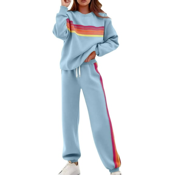 Women 2 Piece Sweatsuit Rainbow Striped Sweatshirts and Drawstring High Waist Sweatpants Sets Fall Color Block Loose Tracksuits