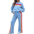 thumbnail image 1 of Women 2 Piece Sweatsuit Rainbow Striped Sweatshirts and Drawstring High Waist Sweatpants Sets Fall Color Block Loose Tracksuits, 1 of 4