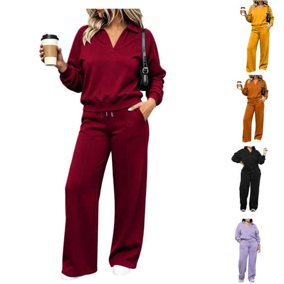 Women 2 Piece Sweatsuit Set, V Neck Collared Pullover and Wide Leg Sweatpants Lounge Outfit with Pockets,XXL