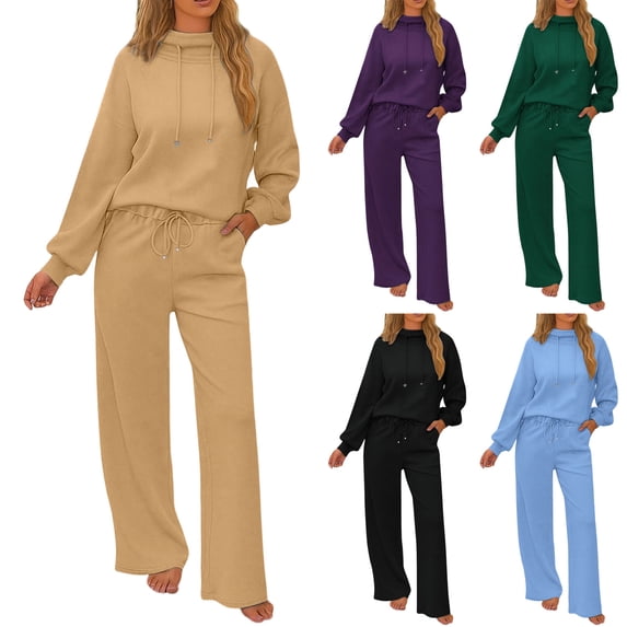 Women 2 Piece Sweatsuits Casual Sets Mock Neck Drawstring Sweatshirt Wide Leg Pants Set Soft Everyday Loungewear Tracksuit Outfits Beige M