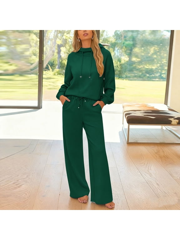 Women 2 Piece Sweatsuits Casual Sets Mock Neck Drawstring Sweatshirt Wide Leg Pants Set Soft Everyday Loungewear Tracksuit Outfits Green 3XL