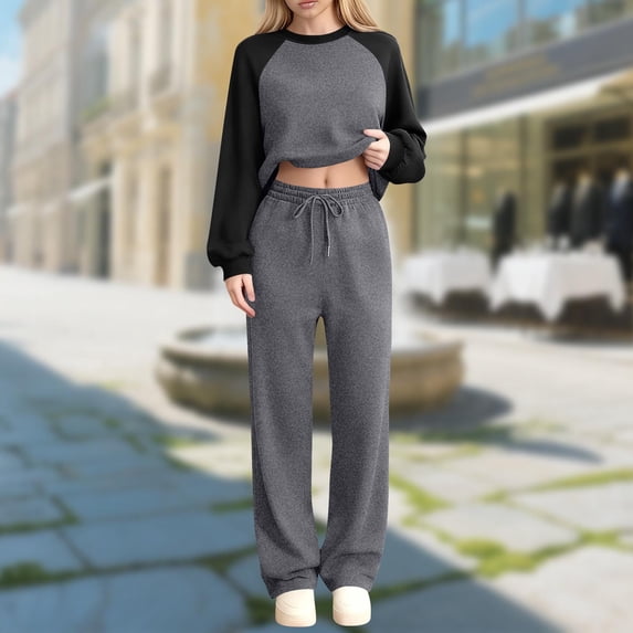Women 2 Piece Sweatsuits Crew Neck Sweatshirts Elastic Waist Drawstring Pants Loose Sports Casual Sets (M, Dark Gray-A)