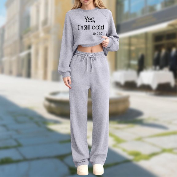Women 2 Piece Sweatsuits Crew Neck Sweatshirts Elastic Waist Drawstring Pants Loose Sports Casual Sets (S, Gray-B)