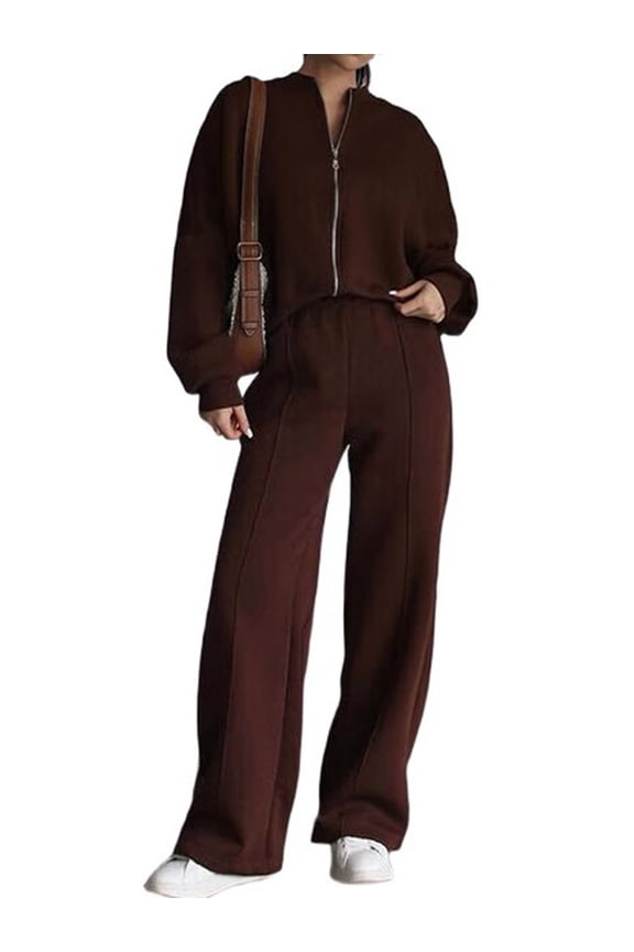 Women 2 Piece Sweatsuits Set Zip Up Sweatshirt Wide Leg Sweatpants Loungewear Outfit Coffee Color M