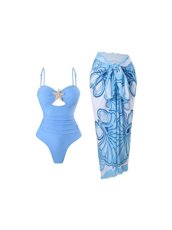 Women 2 Piece Swimsuit Set Ruched Cutout One Piece Bathing Suit, Rhinestone Starfish Decor Tummy Control Swimwear with Blue Shell Print Sheer Mesh Wrap Skirt Modest Quick Dry Beach Cover Up Outfit fo