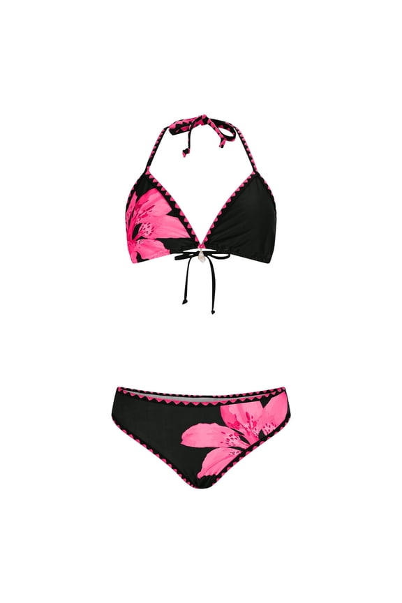 Women 2 Piece Swimsuit Spaghetti Strap Deep V Halter High Cut Thong Slimming Trendy Stretchy Print Bikini Set (S, Hot Pink)