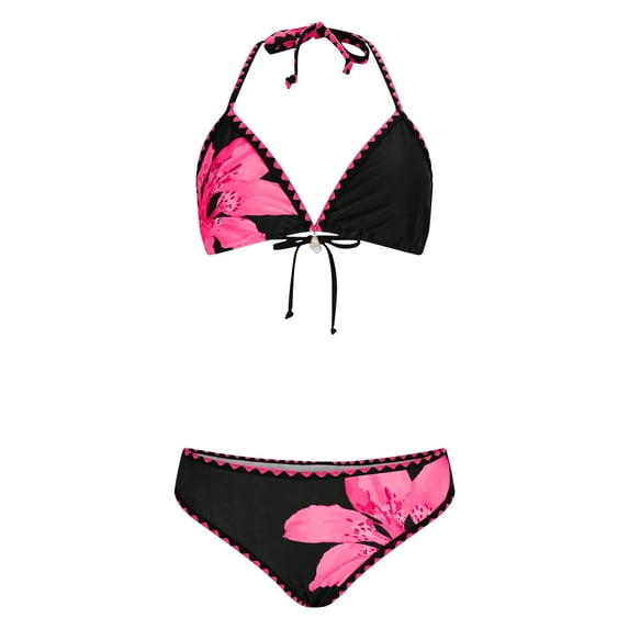 Women 2 Piece Swimsuit Spaghetti Strap Deep V Halter High Cut Thong Slimming Trendy Stretchy Print Bikini Set (XL, Hot Pink)