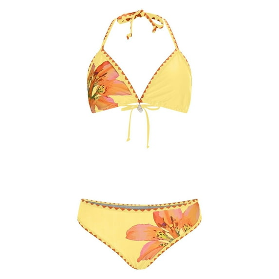 Women 2 Piece Swimsuit Spaghetti Strap Deep V Halter High Cut Thong Slimming Trendy Stretchy Print Bikini Set (XL, Yellow)