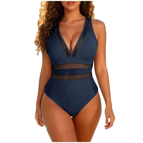 Women 2 Piece Swimsuit V Neck Sleeveless Mesh Patchwork Built In Bra Bathing Suit Hide Belly Swimwear (L, Navy)