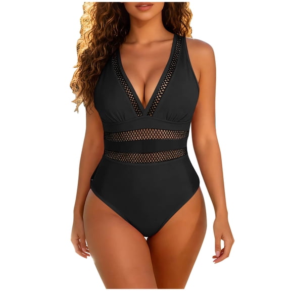 Women 2 Piece Swimsuit V Neck Sleeveless Mesh Patchwork Built In Bra Bathing Suit Hide Belly Swimwear (M, Black)