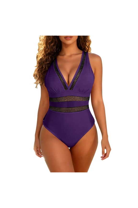 Women 2 Piece Swimsuit V Neck Sleeveless Mesh Patchwork Built In Bra Bathing Suit Hide Belly Swimwear (XXL, Purple)