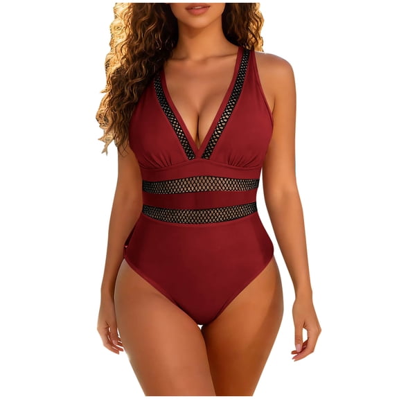 Women 2 Piece Swimsuit V Neck Sleeveless Mesh Patchwork Built In Bra Bathing Suit Hide Belly Swimwear (XXL, Red)