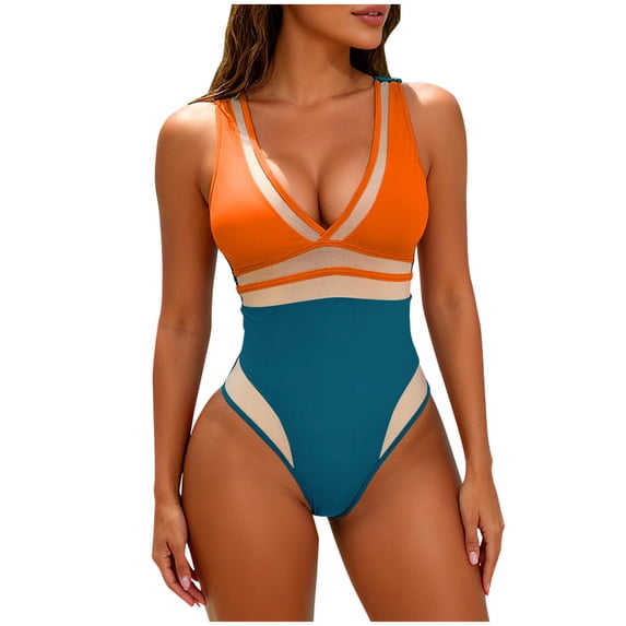 Women 2 Piece Swimsuit V Neck Sleeveless Mesh Patchwork Built In Bra Bathing Suit Swimwear (XXL, Yellow)
