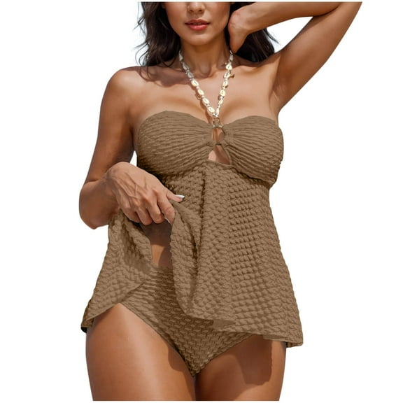 Women 2 Piece Swimsuits Boho Shell Beaded Halter Swimwear Bubble Textured Bathing Suits Beach Summer Fashion (L, Khaki)