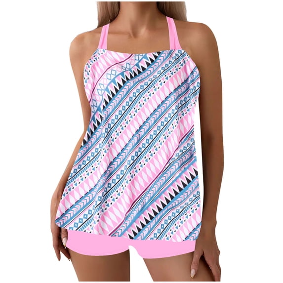 Women 2 Piece Tankini Set Plus Size Sleeveless Print Halter High Waist Shorts Modest Quick Dry Bathing Suit (5XL, Purple)