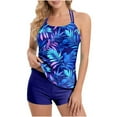 thumbnail image 1 of Women 2 Piece Tankini Set Tropical Floral Printed Halter Swimsuits Boyleg Shorts Swim Outfits Swimwear (XL, Blue #B), 1 of 7
