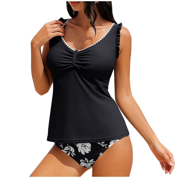 Women 2 Piece Tankini Swimsuit Crew Neck Pleated Built In Bra Tank Tops High Waist Trunks Modest Bathing Suit (S, Black)