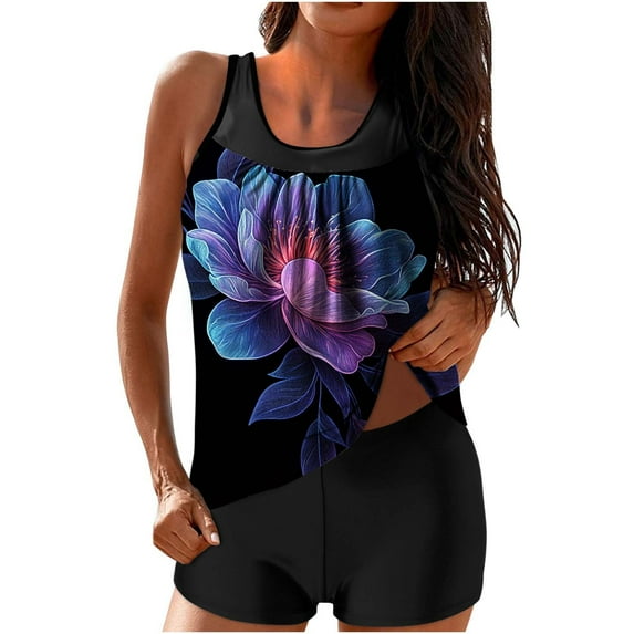 Women 2 Piece Tankini Swimsuit Sleeveless Crew Neck Built In Bra Top High Waist Shorts Modest Full Coverage Bathing Suit (M, Multicolor-D)