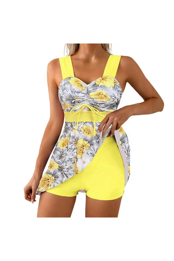 Women 2 Piece Tankini Swimsuit Sleeveless Drawstring Color Block Tank Top High Waist Short Modest Bathing Suit (XXL, Yellow)