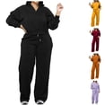 thumbnail image 1 of Women 2 Piece Tracksuit Fall Outfits Black, Long Sleeve Collared V Neck Sweatshirt and Wide Leg Pants Set for Travel,S, 1 of 5