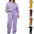 thumbnail image 1 of Women 2 Piece Tracksuit Fall Outfits Purple, Long Sleeve Collared V Neck Sweatshirt and Wide Leg Pants Set for Travel,S, 1 of 4