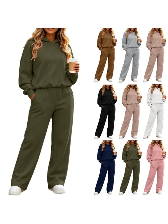 Women 2 Piece Tracksuit Outfits Sets,Long sleeves Hoodie,High Waist Wide Leg Sweatpants,Solid Color Casual Loungewear Sweatsuits with Pockets for Spring Fall