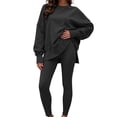 thumbnail image 1 of Women 2 Piece Tracksuit Set Solid Long Sleeve Crew Neck Side Split Top and Skinny Pants Loose Casual Loungewear Outfit for Daily Street Wear Black, 1 of 7