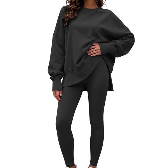 Women 2 Piece Tracksuit Set Solid Long Sleeve Crew Neck Side Split Top and Skinny Pants Loose Casual Loungewear Outfit for Daily Street Wear Black