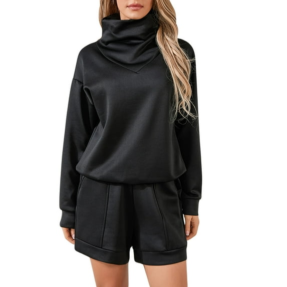 Women 2 Piece Tracksuits Solid Color Loose Turtleneck Sweatshirt and Shorts for Activewear Workout Outfits Set