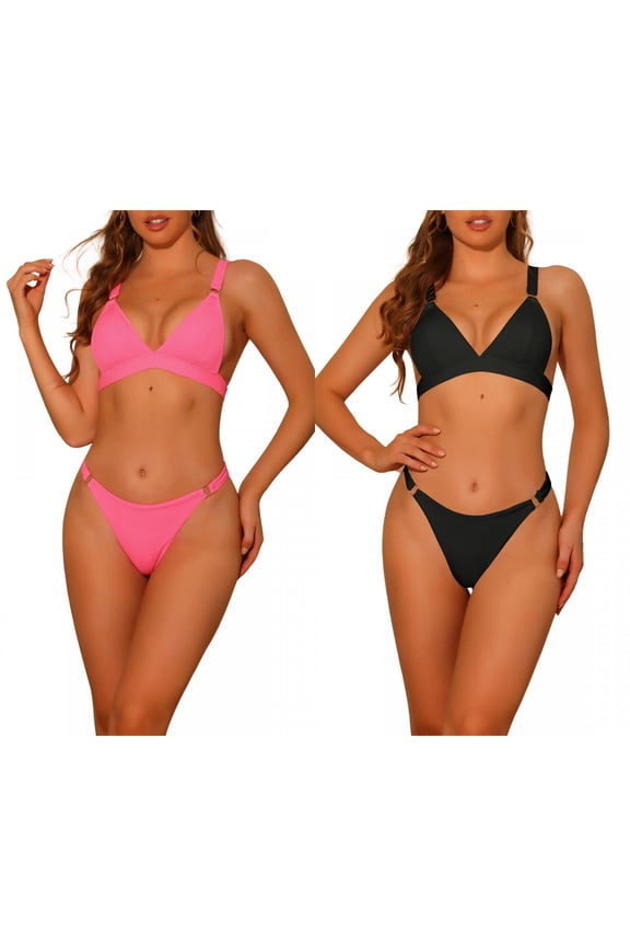 Women 2 Piece Triangle Bikini Combination Sets Ring Adjustable Wide Straps Back Clasp Swimwear Bathing Suits Large Black, Hot Pink