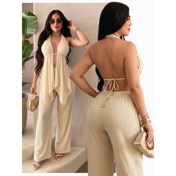 Women 2 Piece Vacation Outfit Halter Deep V Cutout Top Tie Back Wide Leg Pants Set