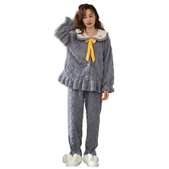 Women 2 Piece Warm Fleece Thick Pajamas Set Long Sleeve Lapel Button Tops with Pocket Pants Winter Loungewear Homewear