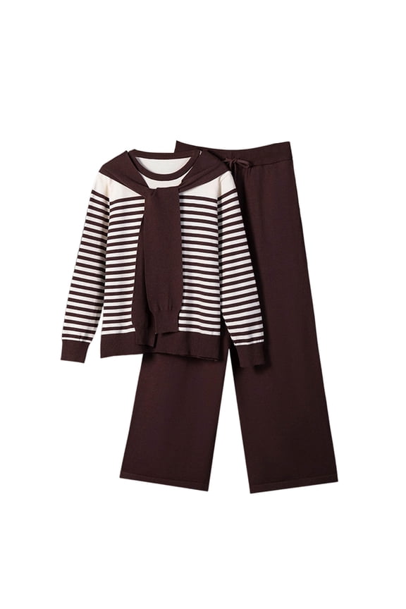 Women 2 Piece Winter Casual Knit Matching Set, Striped Tie Neck Long Sleeve Sweater Top Drawstring Elastic Waist Wide Leg Pants Warm Daily Loungewear Tracksuit Coffee Free size(Free Size)