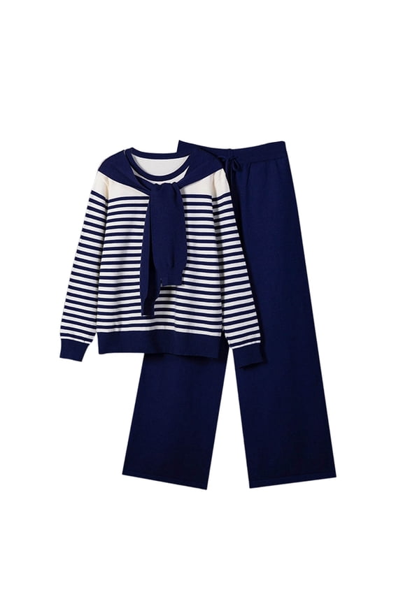 Women 2 Piece Winter Casual Knit Matching Set, Striped Tie Neck Long Sleeve Sweater Top Drawstring Elastic Waist Wide Leg Pants Warm Daily Loungewear Tracksuit Navy Free size(Free Size)