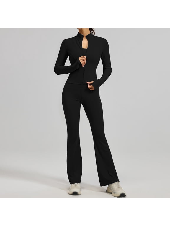 Women 2 Piece Workout Outfit Zip Up Long Sleeve Crop Top High Waist Flare Yoga Pants Set Athletic Sport Activewear Tracksuit for Gym Running