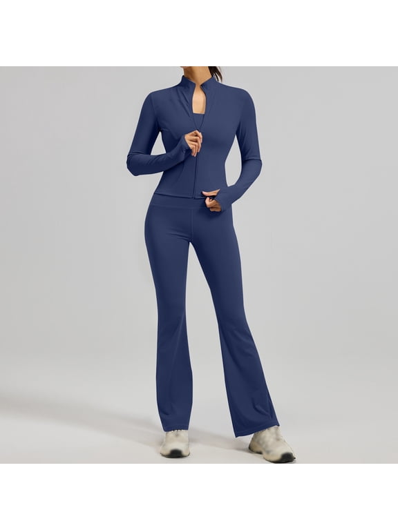 Women 2 Piece Workout Outfit Zip Up Long Sleeve Crop Top High Waist Flare Yoga Pants Set Athletic Sport Activewear Tracksuit for Gym Running